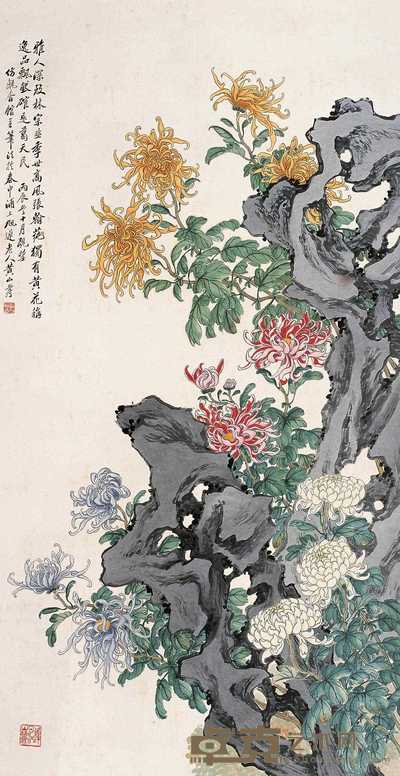 黄山寿 1916年作 菊石双寿 立轴 171.5×89.5cm